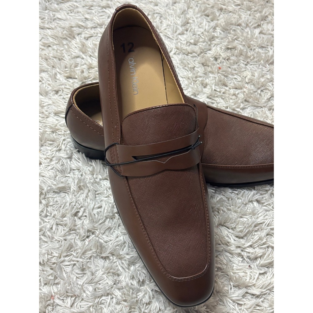 Calvin Klein Mens Brown Penny Loafers Textured Slip On Dress Shoes Size 12